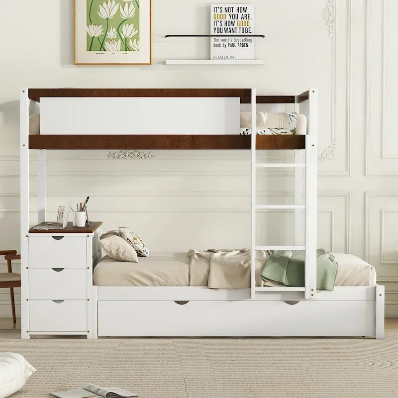 Lit superposé jumeau sur jumeau avec cadre de lit gigogne taille jumeau et rangements, lit de rangement avec bureau, peu encombrant pour enfants, adolescents et adultes