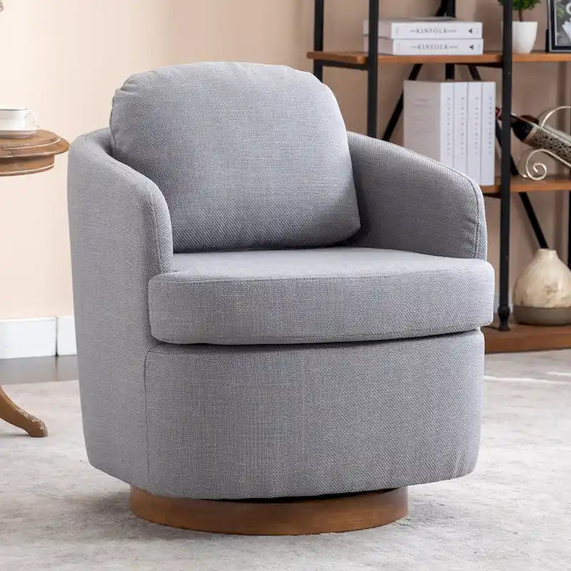Fauteuil d'appoint pivotant moderne bleu clair 30.3 rembourré avec base ronde en bois massif marron