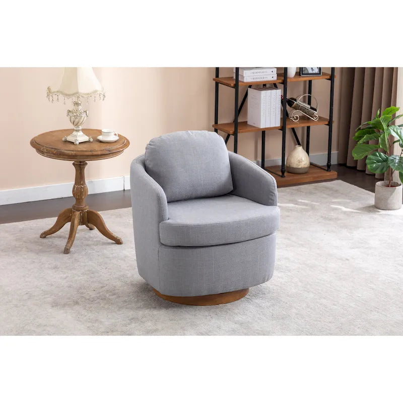 Fauteuil d'appoint pivotant moderne bleu clair 30.3 rembourré avec base ronde en bois massif marron