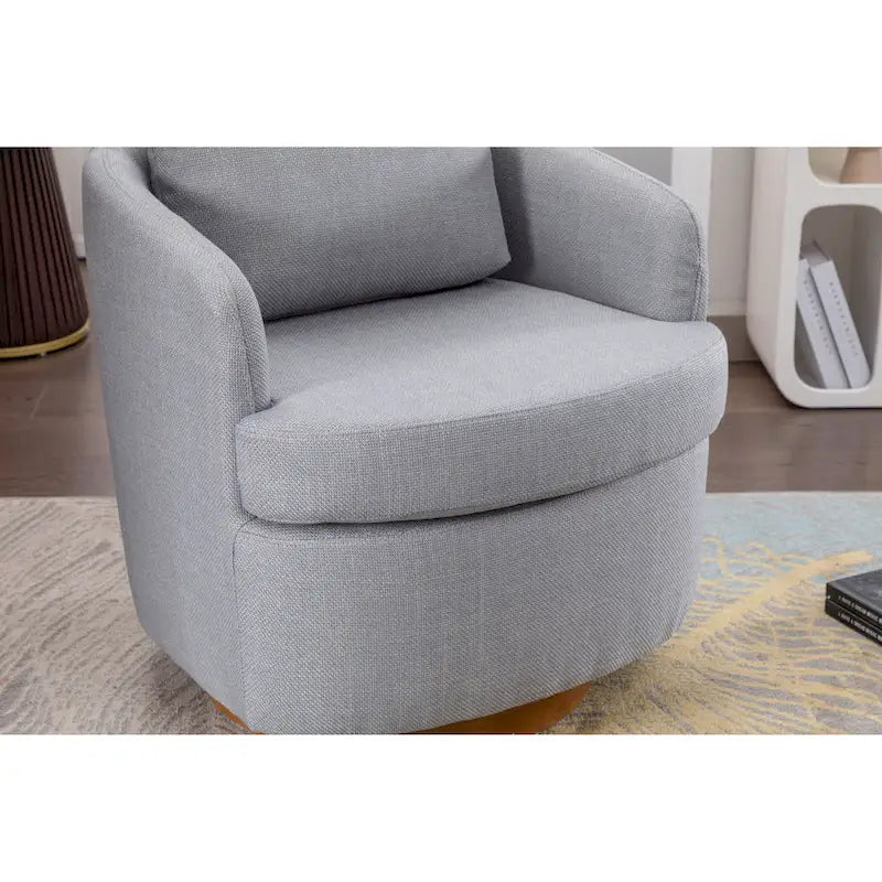 Fauteuil d'appoint pivotant moderne bleu clair 30.3 rembourré avec base ronde en bois massif marron