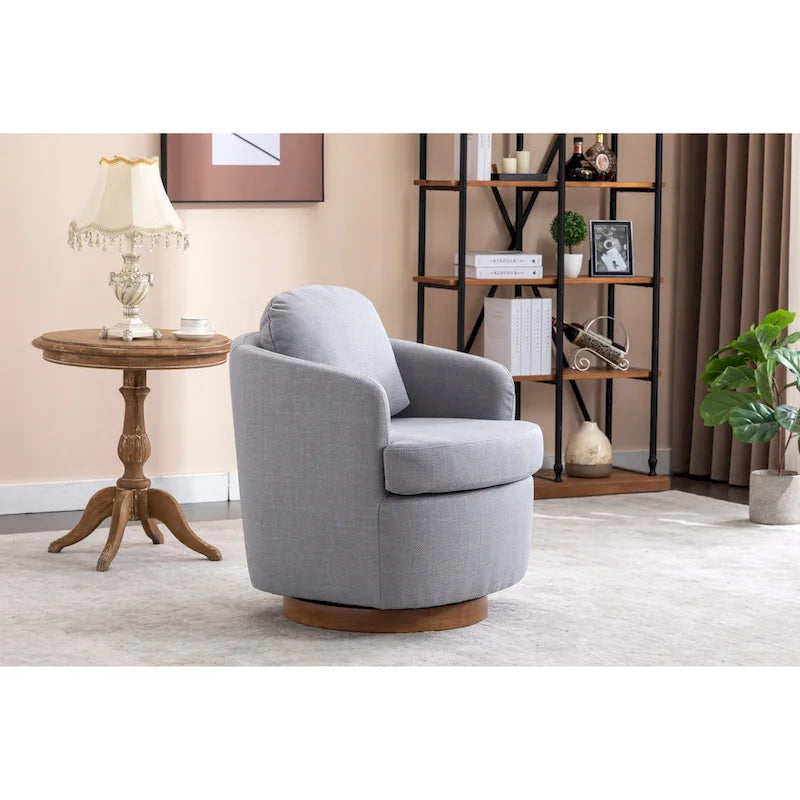 Fauteuil d'appoint pivotant moderne bleu clair 30.3 rembourré avec base ronde en bois massif marron