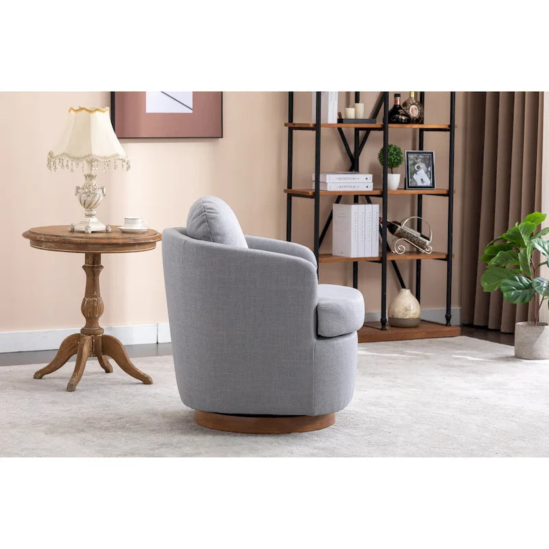 Fauteuil d'appoint pivotant moderne bleu clair 30.3 rembourré avec base ronde en bois massif marron