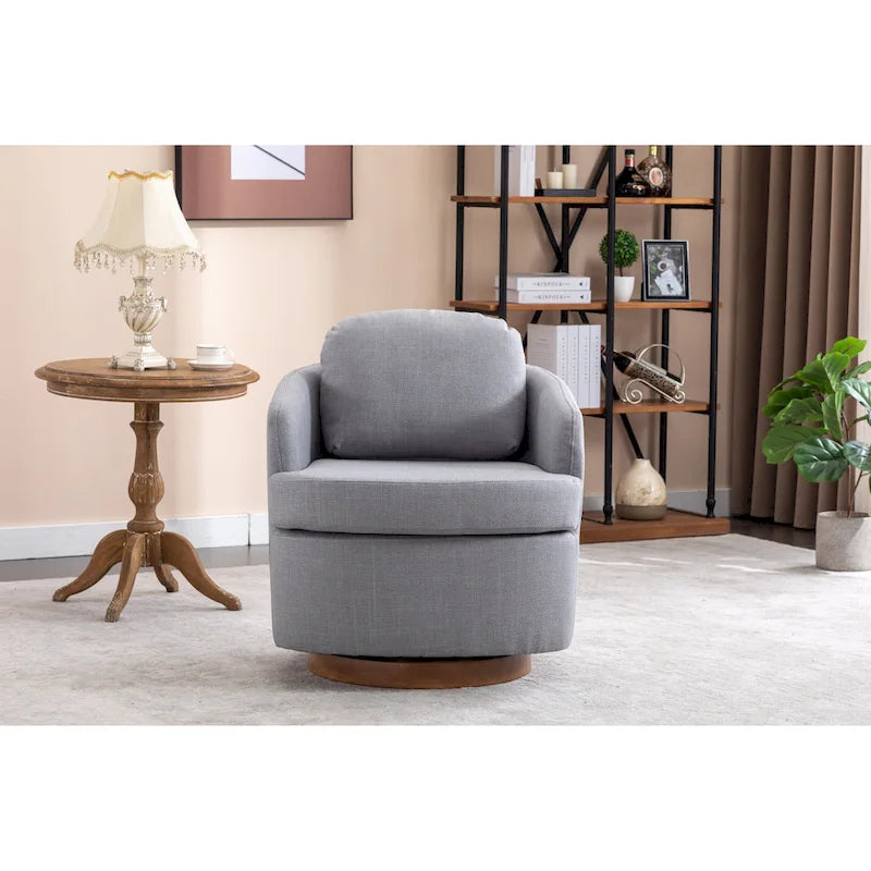 Fauteuil d'appoint pivotant moderne bleu clair 30.3 rembourré avec base ronde en bois massif marron