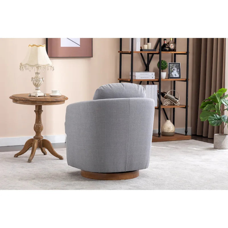 Fauteuil d'appoint pivotant moderne bleu clair 30.3 rembourré avec base ronde en bois massif marron