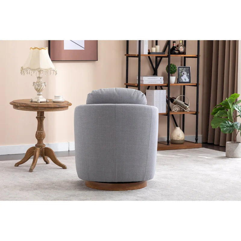 Fauteuil d'appoint pivotant moderne bleu clair 30.3 rembourré avec base ronde en bois massif marron