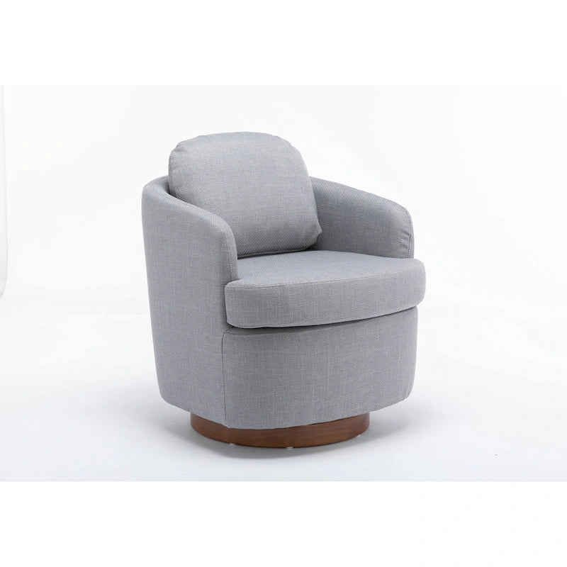 Fauteuil d'appoint pivotant moderne bleu clair 30.3 rembourré avec base ronde en bois massif marron