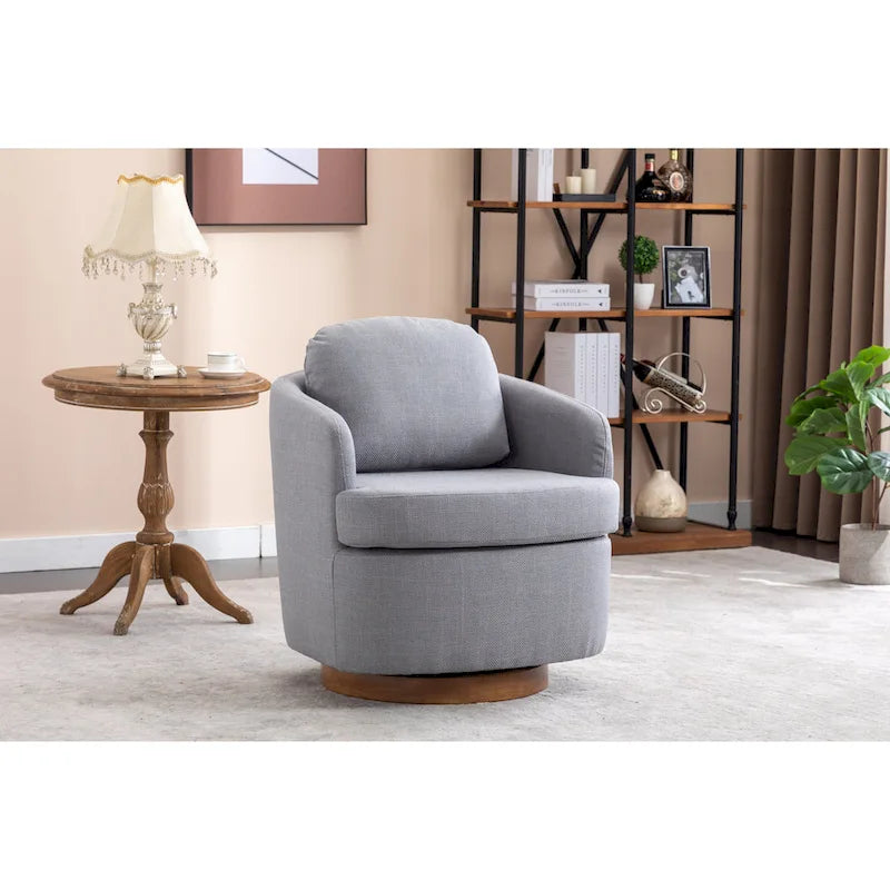 Fauteuil d'appoint pivotant moderne bleu clair 30.3 rembourré avec base ronde en bois massif marron
