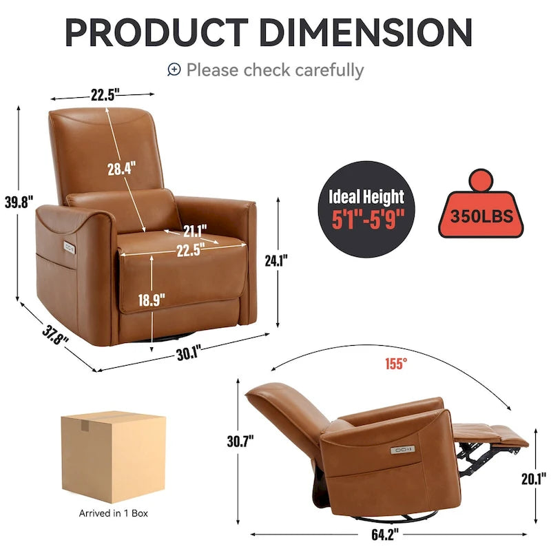 Fauteuil inclinable électrique ergonomique marron avec fonction pivotante, basculante et ports USB