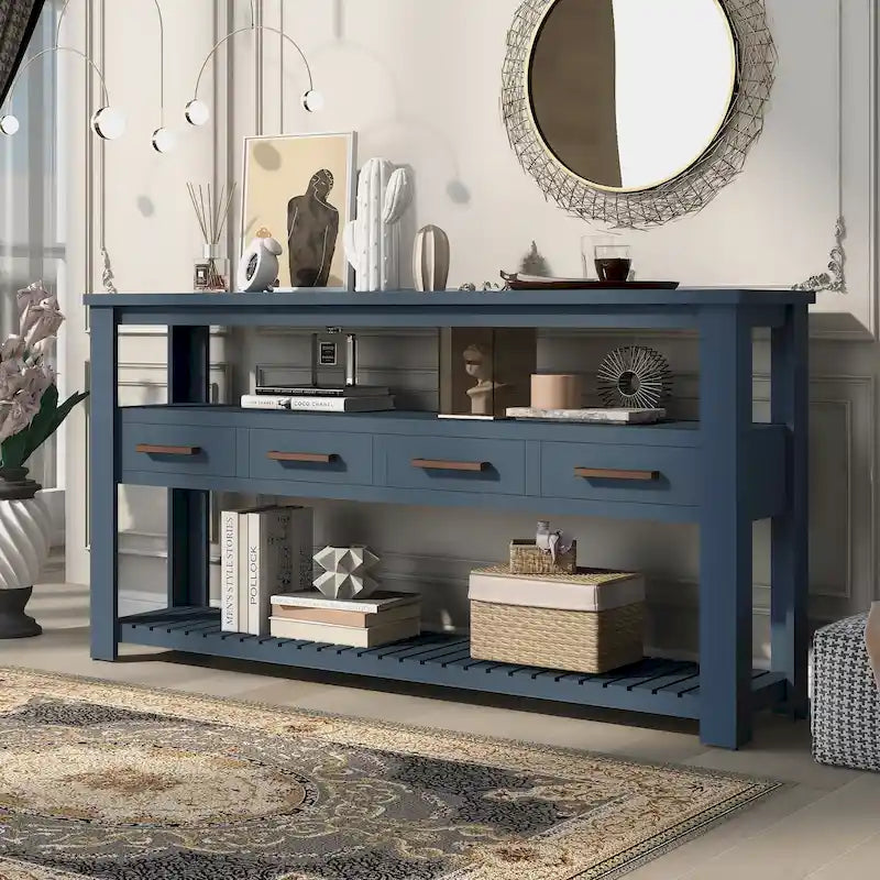 62,2 Table console moderne avec 4 tiroirs et 2 étagères