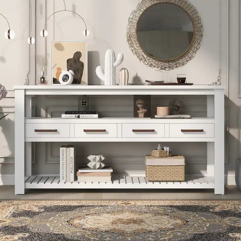 62,2 Table console moderne avec 4 tiroirs et 2 étagères