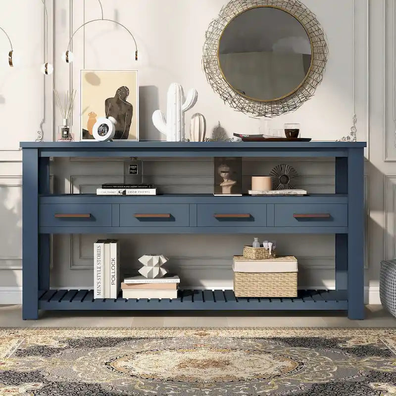 62,2 Table console moderne avec 4 tiroirs et 2 étagères
