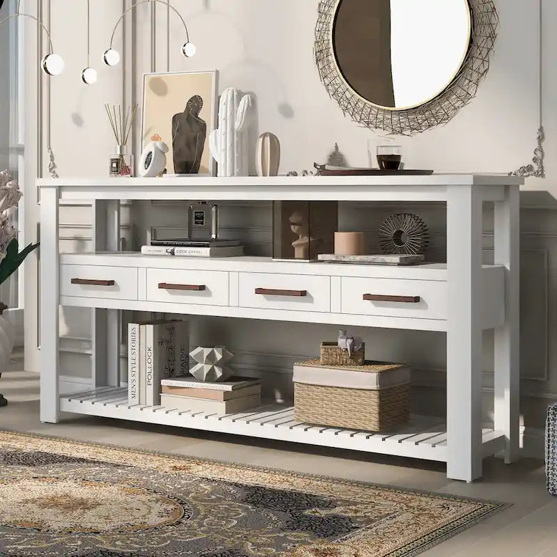 62,2 Table console moderne avec 4 tiroirs et 2 étagères