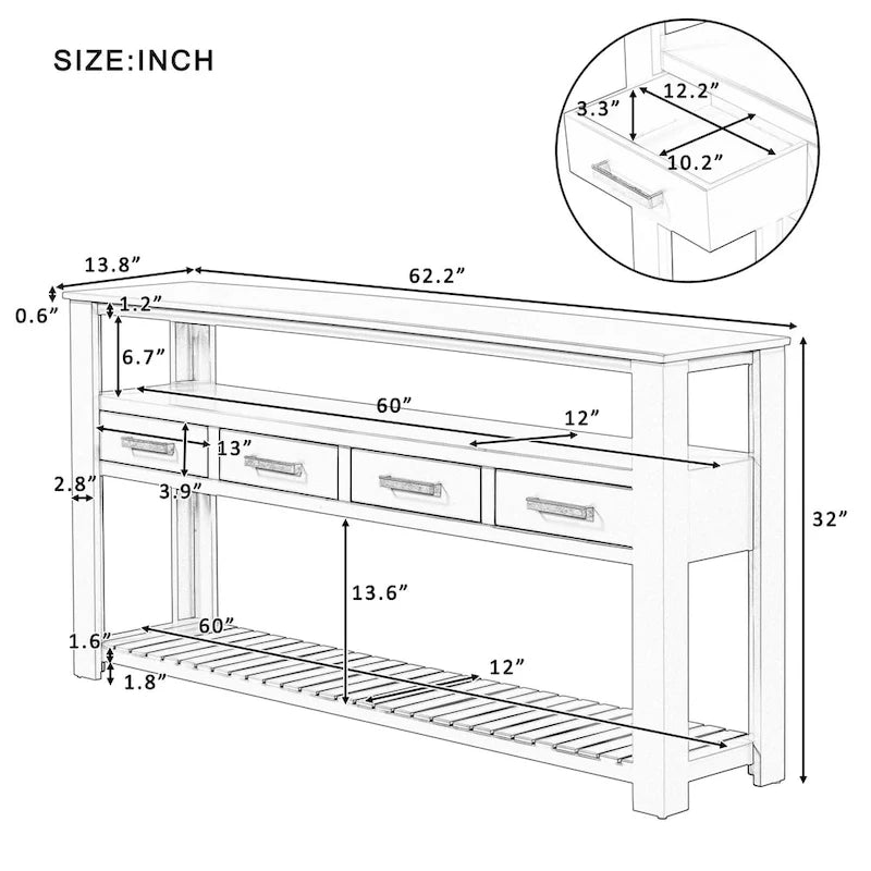 62,2 Table console moderne avec 4 tiroirs et 2 étagères