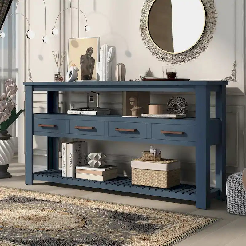 62,2 Table console moderne avec 4 tiroirs et 2 étagères