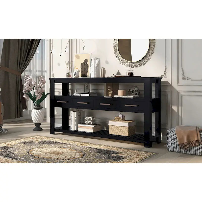 62,2 Table console moderne avec 4 tiroirs et 2 étagères