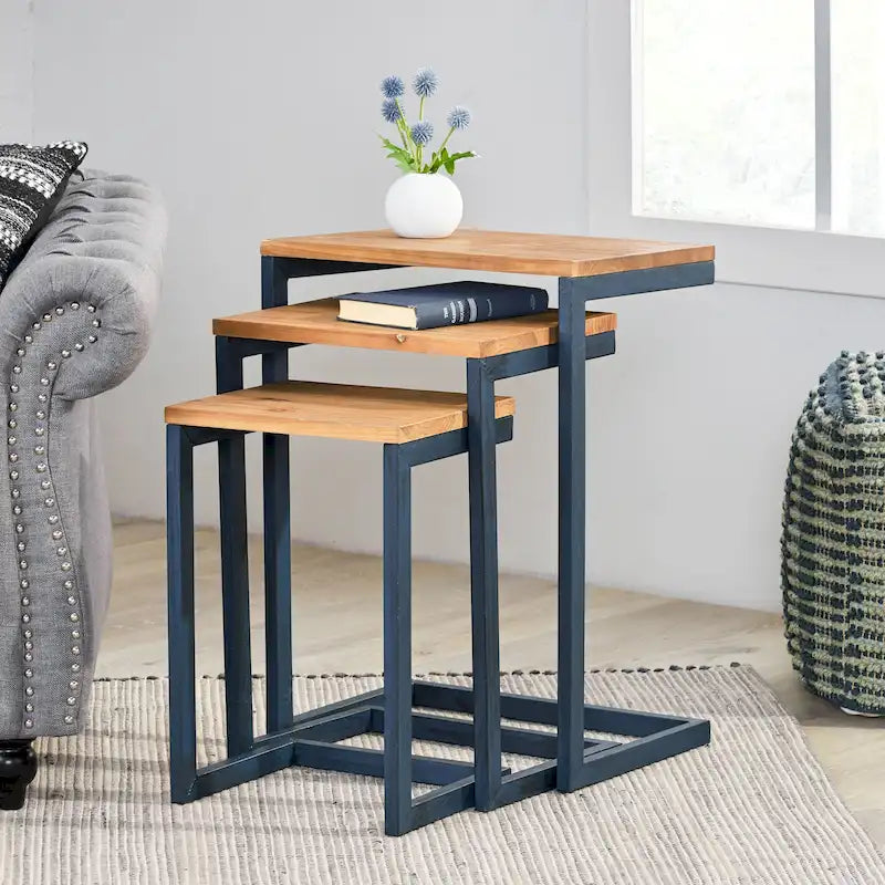 Tables gigognes en sapin de style industriel moderne (lot de 3)