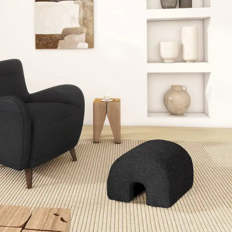 Pouffe Ottoman Arqué 16, Rembourré en Fausse Fourrure Sherpa Bouclée