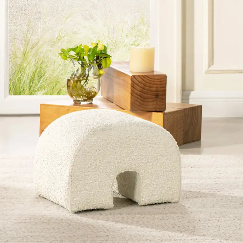Pouffe Ottoman Arqué 16, Rembourré en Fausse Fourrure Sherpa Bouclée