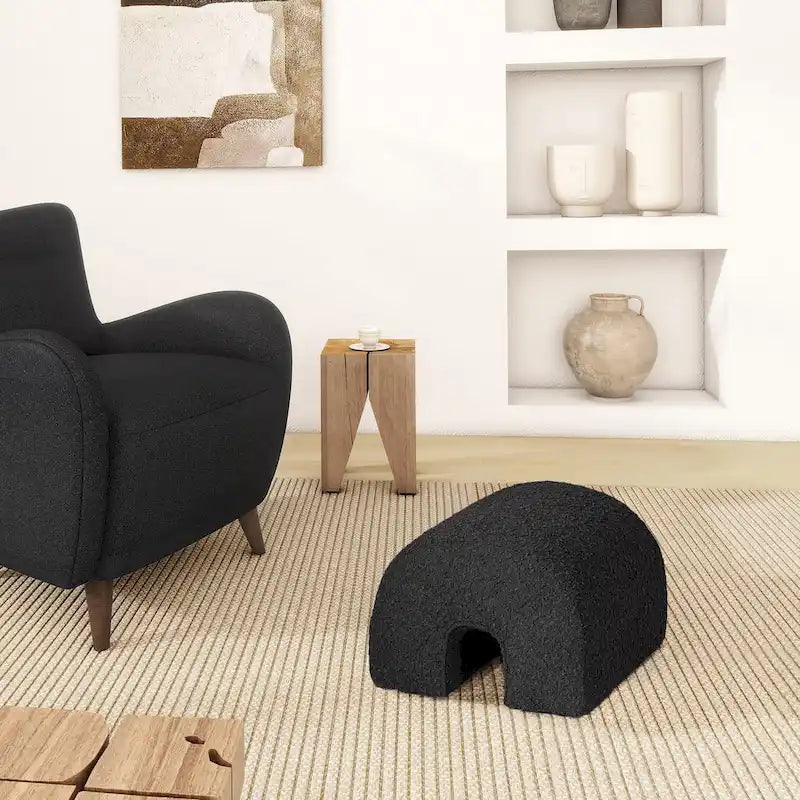 Pouffe Ottoman Arqué 16, Rembourré en Fausse Fourrure Sherpa Bouclée