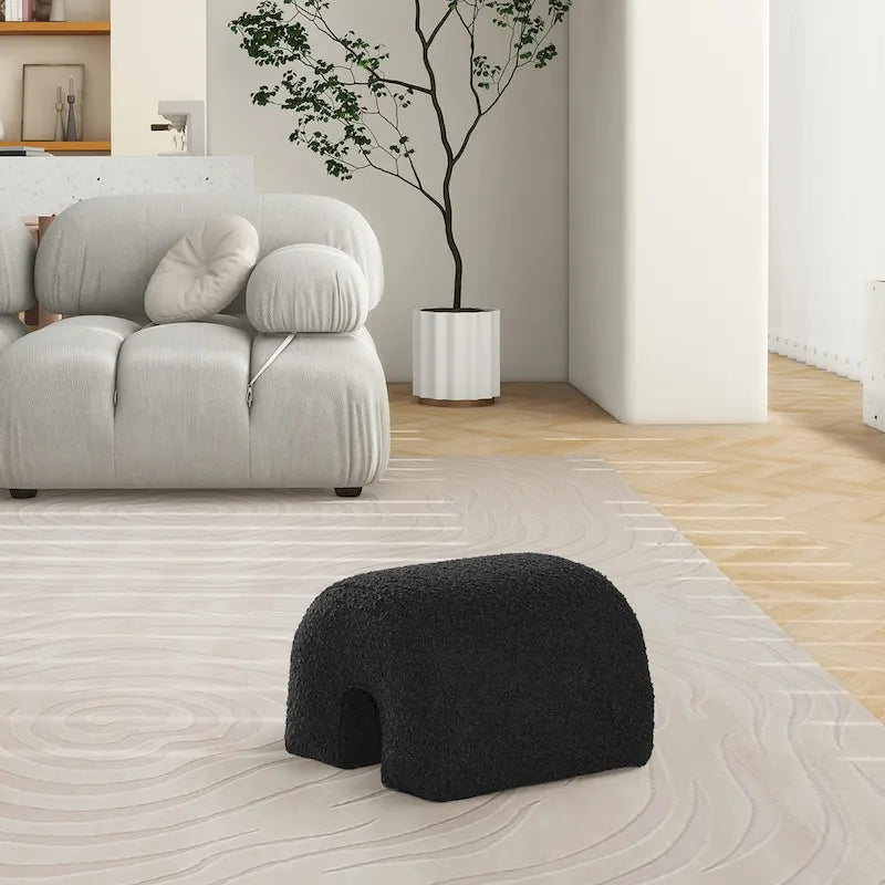 Pouffe Ottoman Arqué 16, Rembourré en Fausse Fourrure Sherpa Bouclée