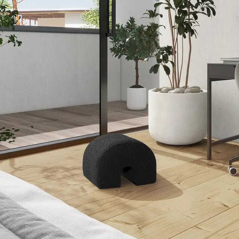 Pouffe Ottoman Arqué 16, Rembourré en Fausse Fourrure Sherpa Bouclée