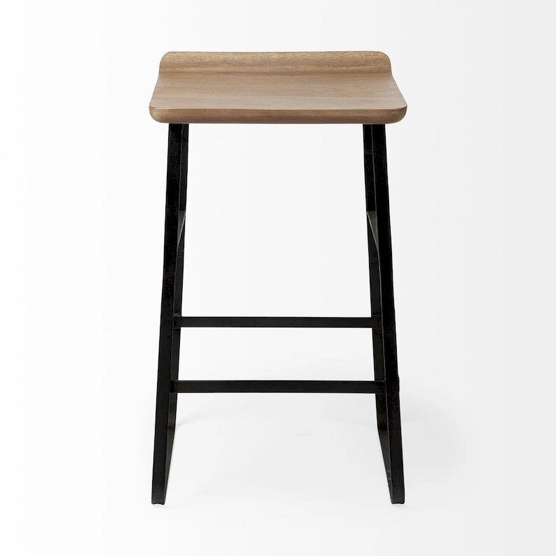Tabouret de comptoir en bois massif brun moyen avec cadre en métal noir