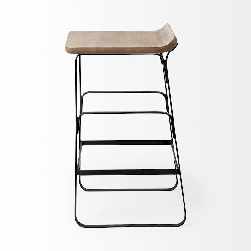 Tabouret de comptoir en bois massif brun moyen avec cadre en métal noir