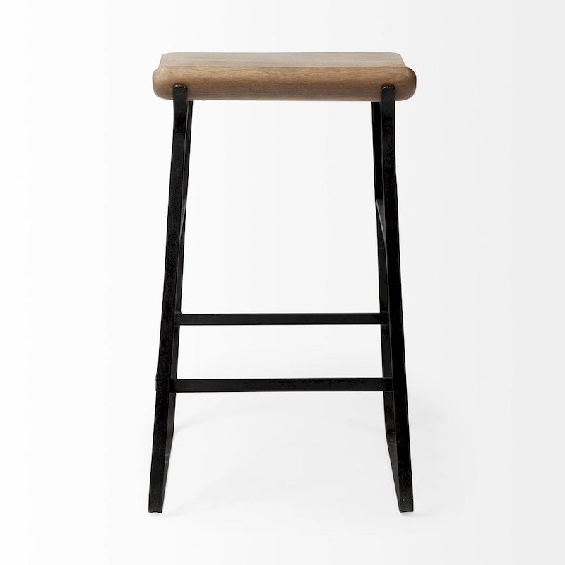 Tabouret de comptoir en bois massif brun moyen avec cadre en métal noir