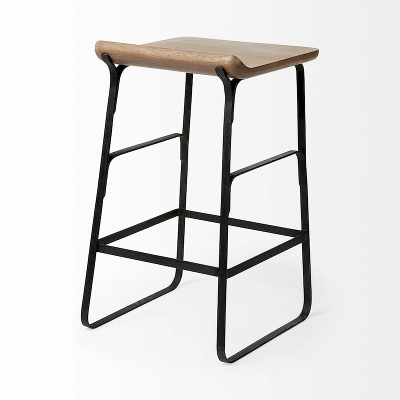 Tabouret de comptoir en bois massif brun moyen avec cadre en métal noir