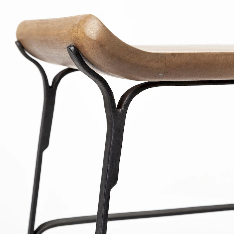 Tabouret de comptoir en bois massif brun moyen avec cadre en métal noir