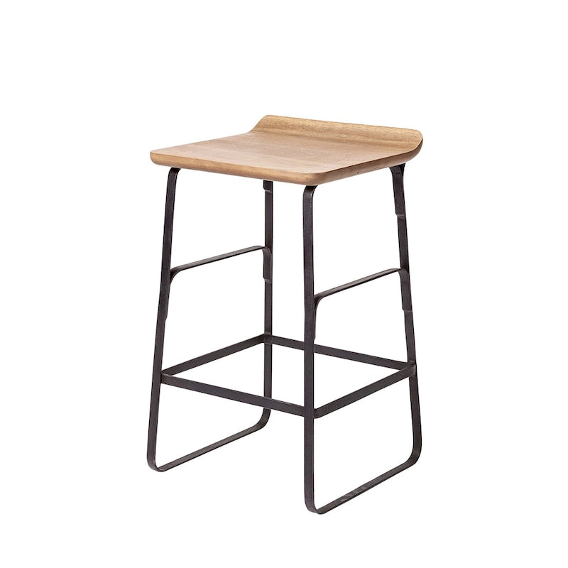 Tabouret de comptoir en bois massif brun moyen avec cadre en métal noir