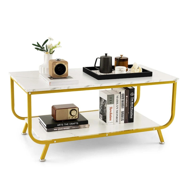 Table basse 2 niveaux moderne en marbre avec rangement - Voir les détails