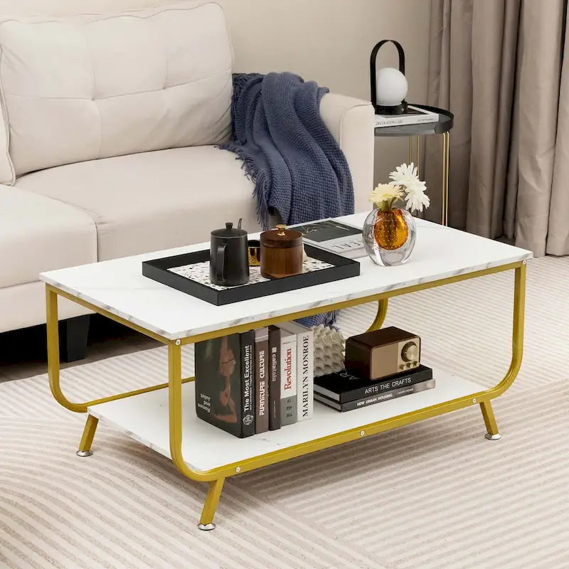Table basse 2 niveaux moderne en marbre avec rangement - Voir les détails