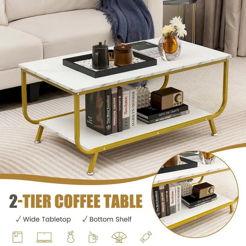 Table basse 2 niveaux moderne en marbre avec rangement - Voir les détails