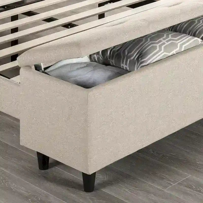 Lit plateforme de rangement capitonné beige