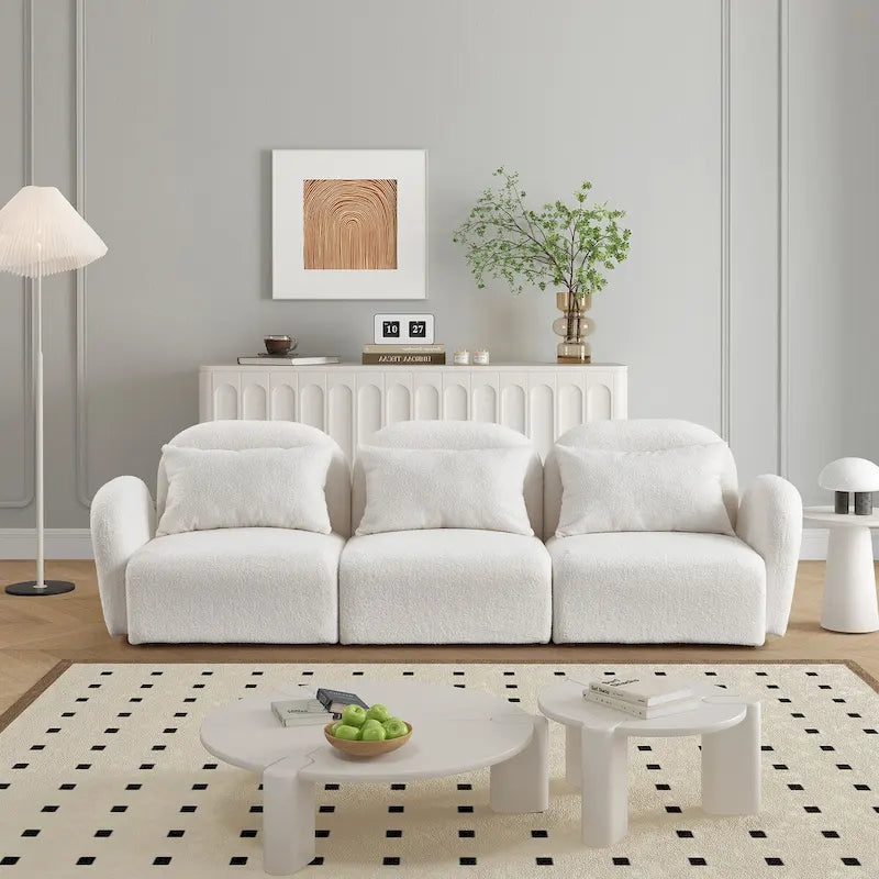 Canapé paresseux trois places en tissu Teddy blanc pour salon, haute qualité et durable