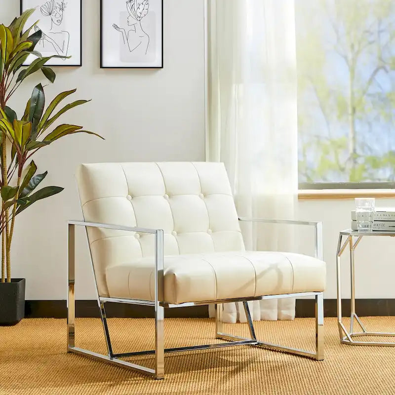 Fauteuil d'appoint capitonné en similicuir PU crème de style Mid-Century, avec cadre chromé, 30,50 h