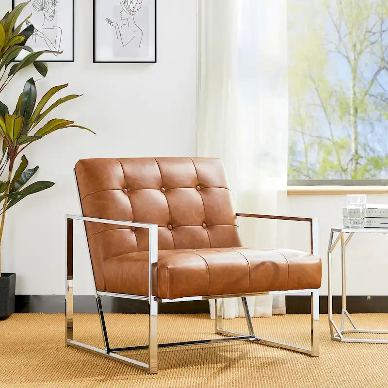 Fauteuil d'appoint capitonné en similicuir PU crème de style Mid-Century, avec cadre chromé, 30,50 h