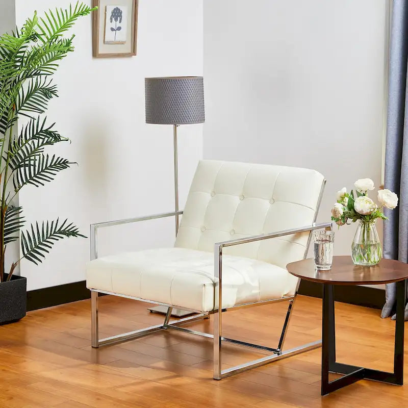 Fauteuil d'appoint capitonné en similicuir PU crème de style Mid-Century, avec cadre chromé, 30,50 h