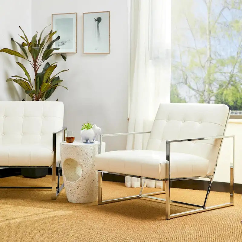 Fauteuil d'appoint capitonné en similicuir PU crème de style Mid-Century, avec cadre chromé, 30,50 h