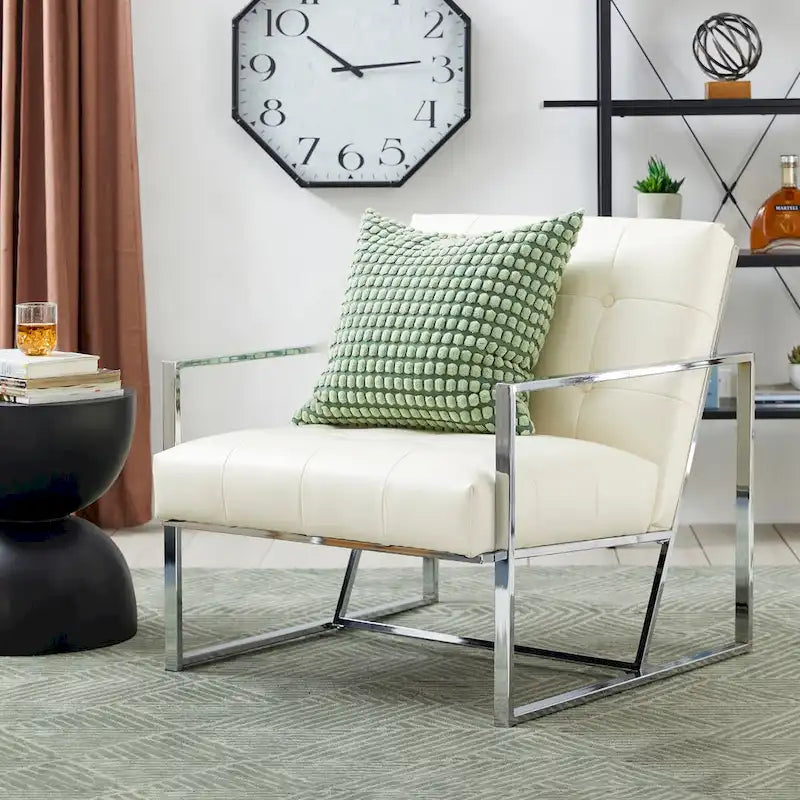 Fauteuil d'appoint capitonné en similicuir PU crème de style Mid-Century, avec cadre chromé, 30,50 h