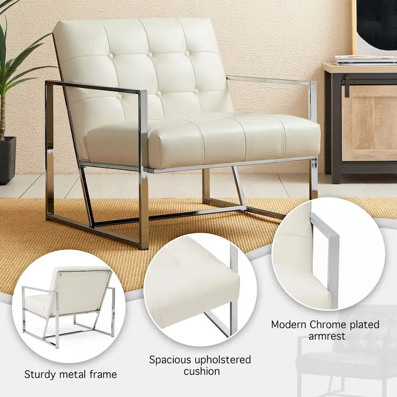 Fauteuil d'appoint capitonné en similicuir PU crème de style Mid-Century, avec cadre chromé, 30,50 h