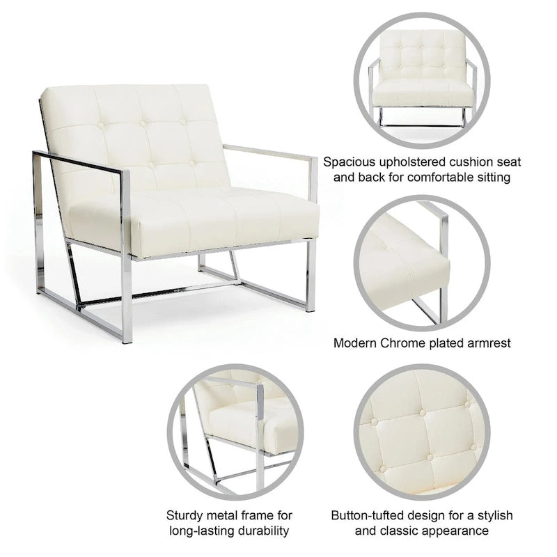 Fauteuil d'appoint capitonné en similicuir PU crème de style Mid-Century, avec cadre chromé, 30,50 h
