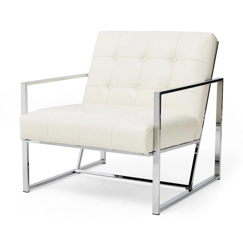 Fauteuil d'appoint capitonné en similicuir PU crème de style Mid-Century, avec cadre chromé, 30,50 h