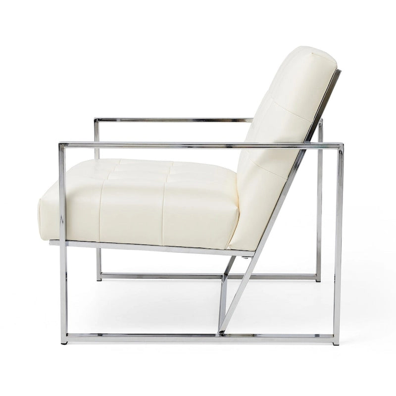 Fauteuil d'appoint capitonné en similicuir PU crème de style Mid-Century, avec cadre chromé, 30,50 h