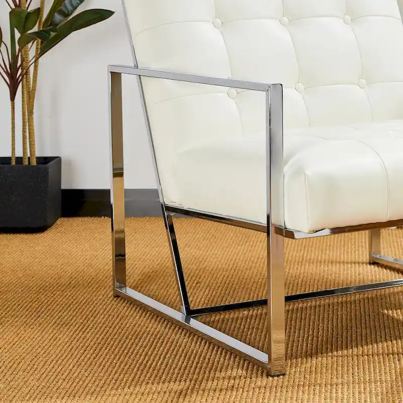 Fauteuil d'appoint capitonné en similicuir PU crème de style Mid-Century, avec cadre chromé, 30,50 h