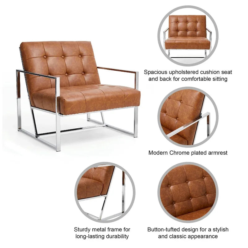 Fauteuil d'appoint capitonné en similicuir PU crème de style Mid-Century, avec cadre chromé, 30,50 h