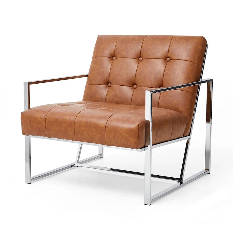 Fauteuil d'appoint capitonné en similicuir PU crème de style Mid-Century, avec cadre chromé, 30,50 h