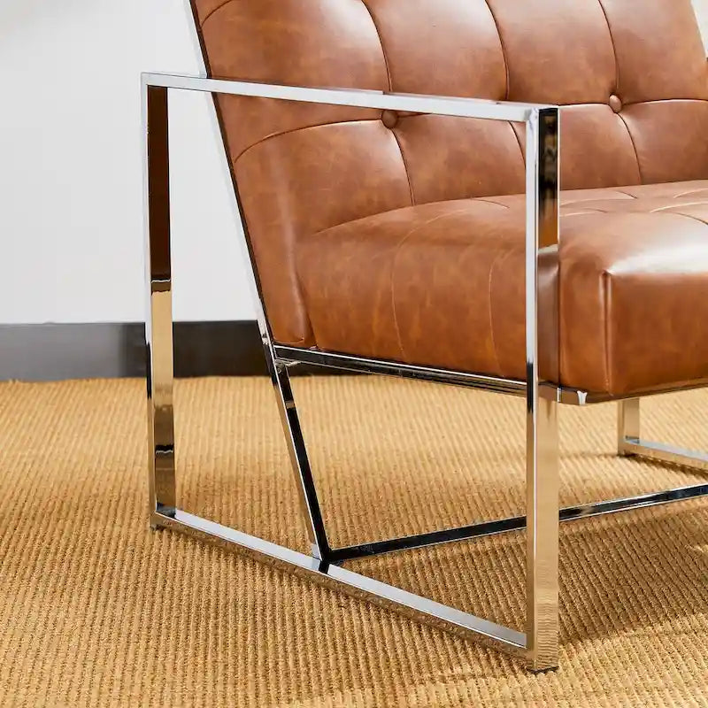 Fauteuil d'appoint capitonné en similicuir PU crème de style Mid-Century, avec cadre chromé, 30,50 h