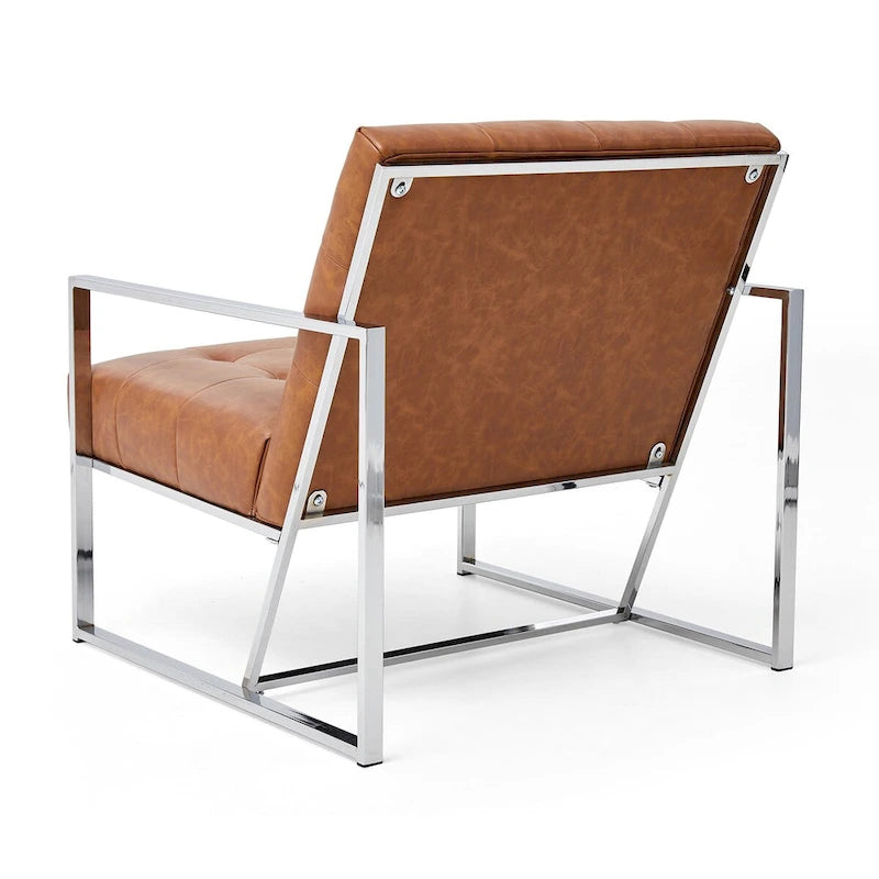 Fauteuil d'appoint capitonné en similicuir PU crème de style Mid-Century, avec cadre chromé, 30,50 h